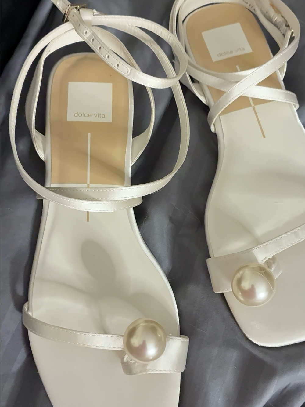 Dolce Vita Cream/White Pearl-Accent Strappy Sandals